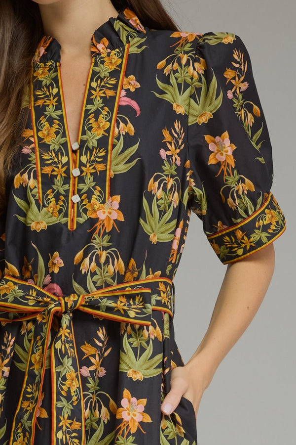 Black Floral Print Short Puff Sleeve Midi Dress
