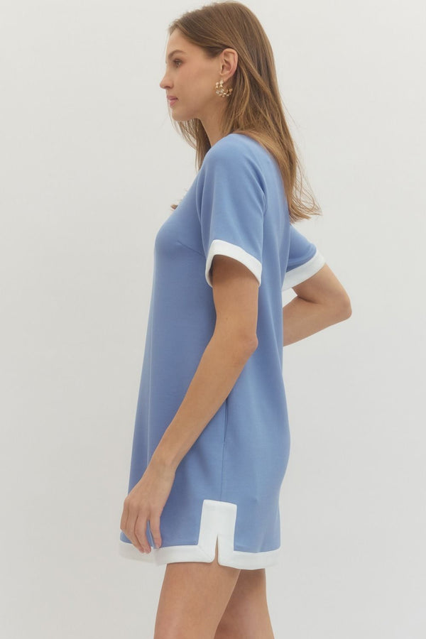 Solid Chambray Mini Dress w Contrast Trim