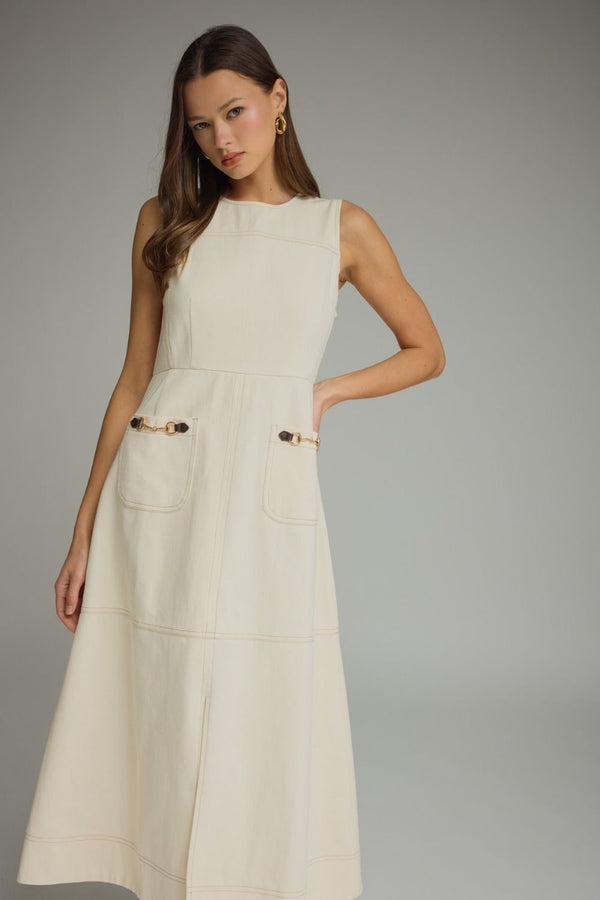 Ecru Sleeveless Midi Dress w Horsebit Accent Detail