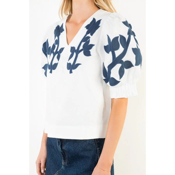 Emb Puff Sleeve White Top