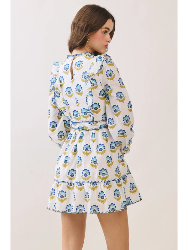 Floral Print Ruffle Accents Self Tie Mini Dress