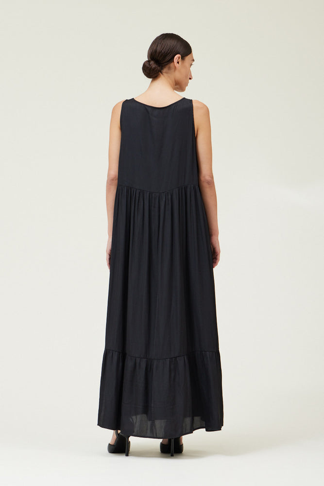 BLACK SATIN TIERED MAXI DRESS