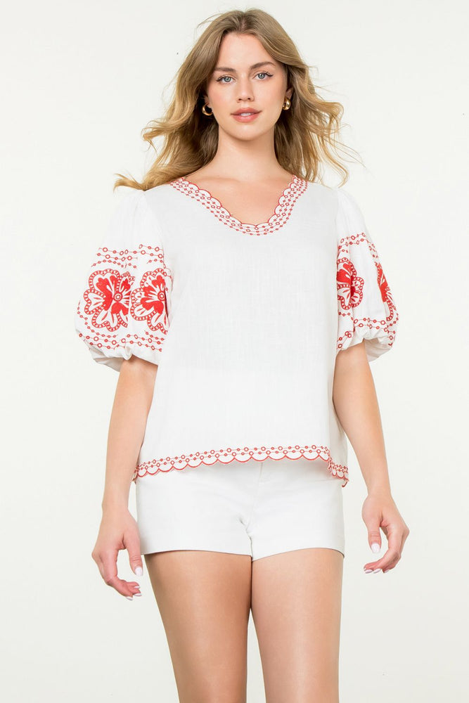 Embroidered Puff Sleeve Top