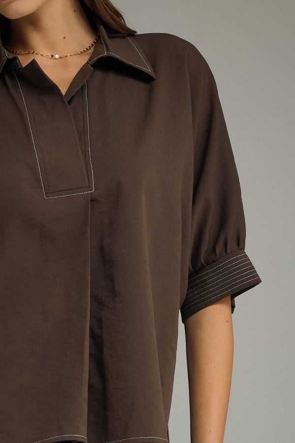 Brown Short Sleeve Top w Split V-Neck & Contrast Stitch detail