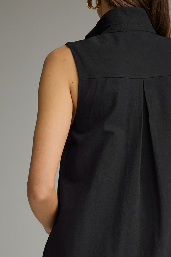 Solid Black Stand Collar Sleeveless Mini Dress