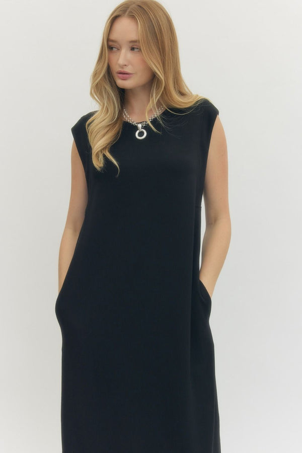 Solid Black Jersey Knit Pullover Midi Dress