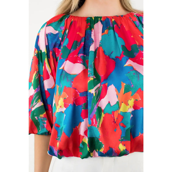 Balloon Sleeve Abstract Print Top