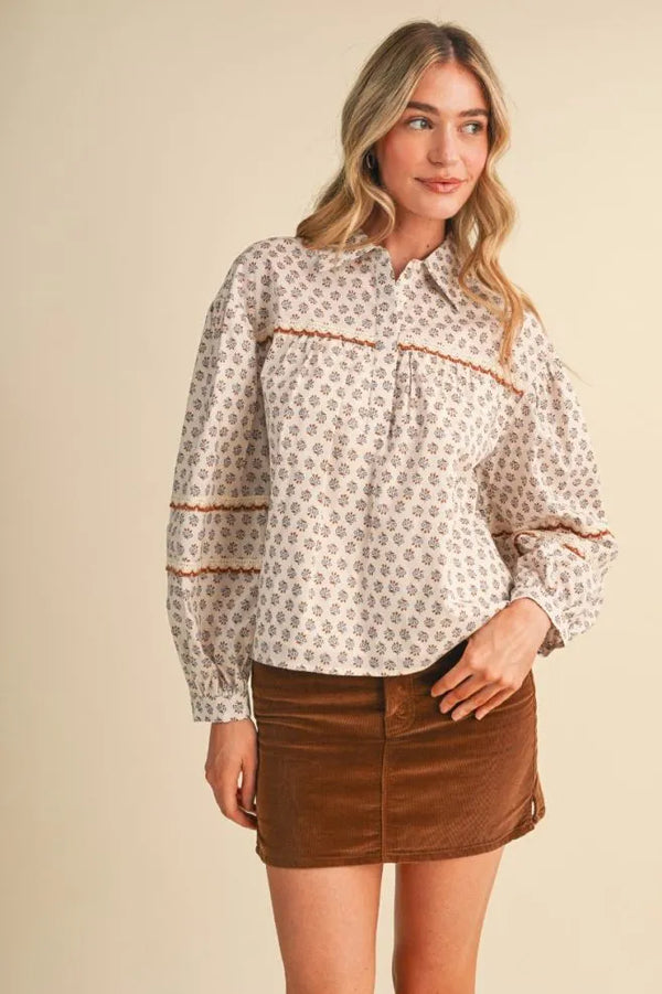 Cream Floral Lace Trim Button Up Top w Long Puff Sleeves