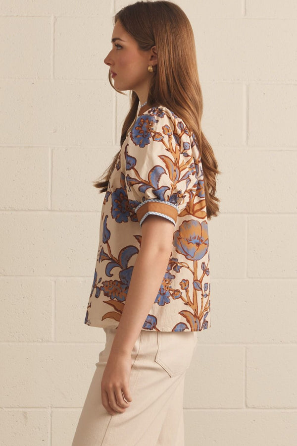 Ecru & Floral Print Puff Sleeve Top featuring Contrast Binding