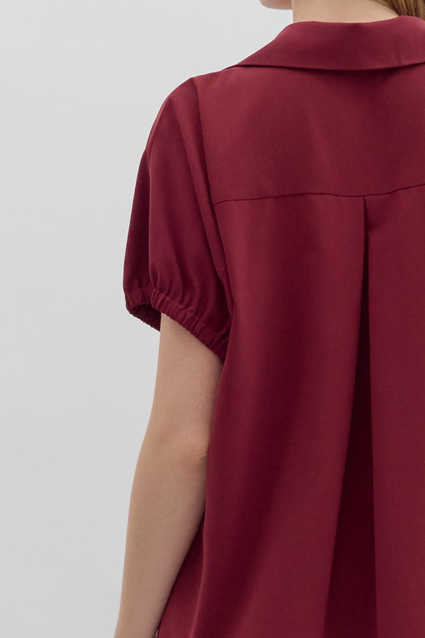 Solid Burgundy Short Sleeve Split Collar
