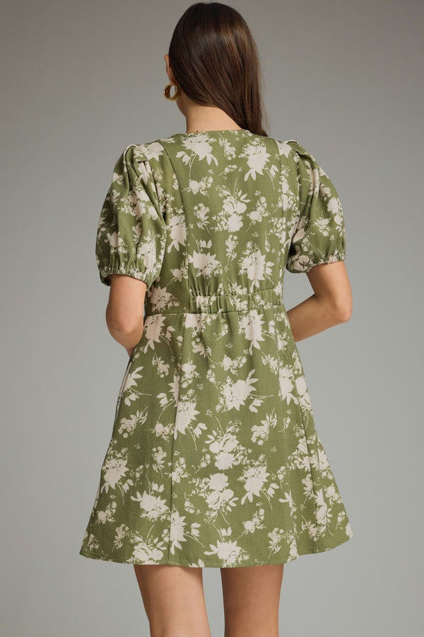 Olive Floral Puff Sleeve Mini Dress