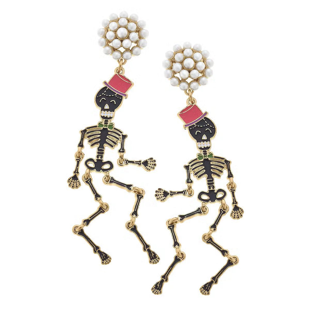 Halloween Enamel Skeleton Earrings in Black and Pink