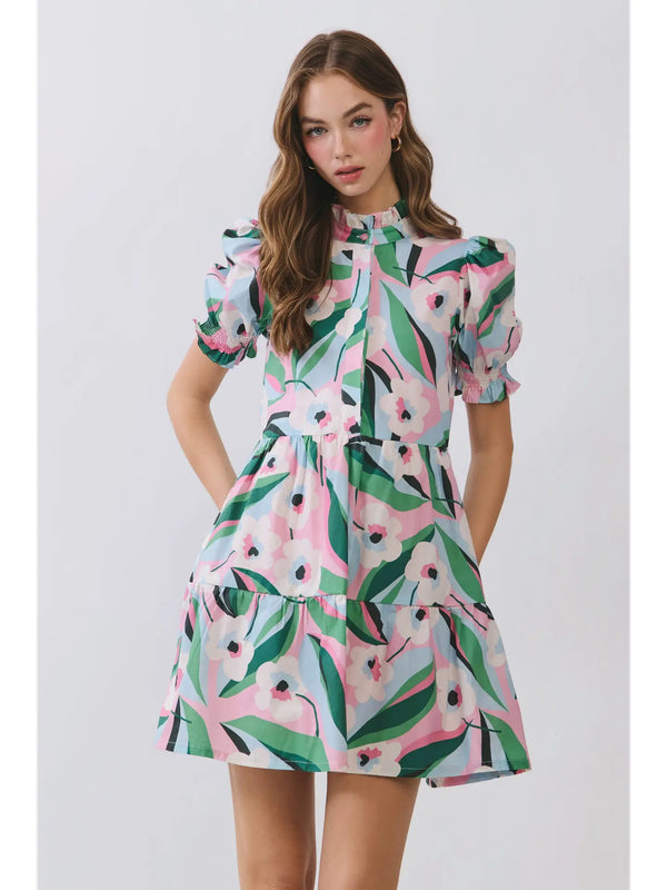 Floral Puff Sleeve Tiered Ruffle Neck Mini Dress