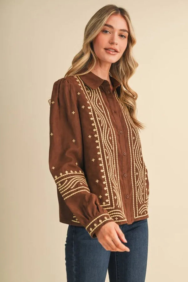 Suede Chocolate Brown Embroidered Top
