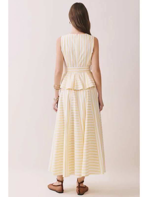 Yellow Striped Paneled Construction A Line Midi Skirt