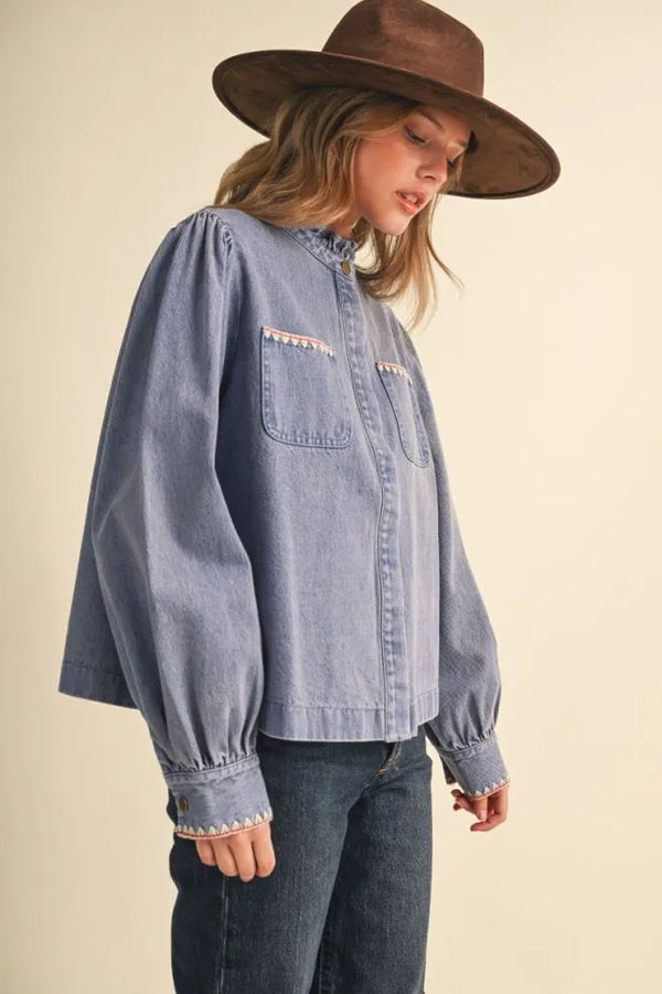 Denim Button Down Top w Ruffle Mock Neckline
