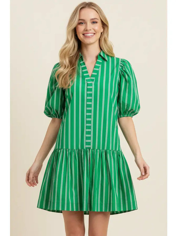 Stripe Green Puffed Sleeve Mini Dress