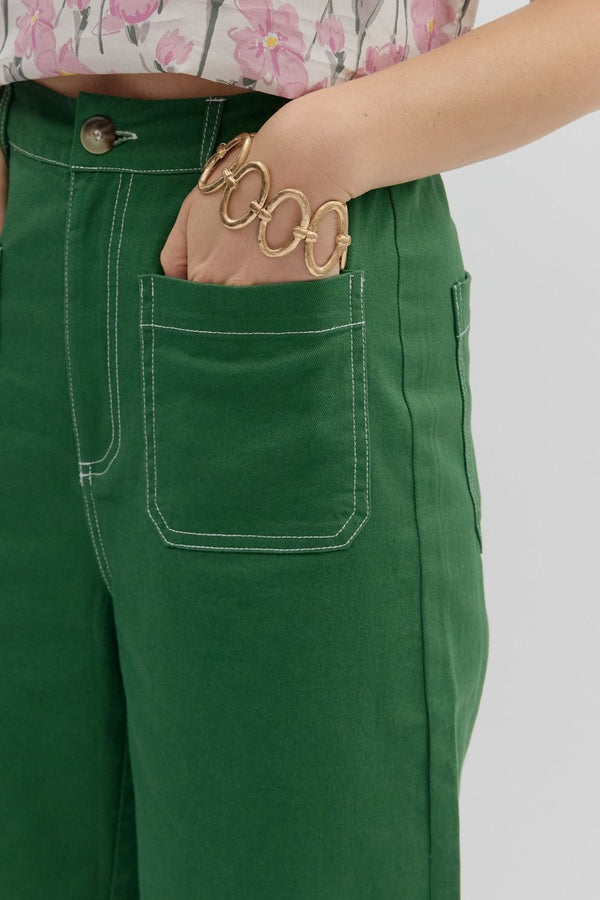 Emerald High-Waist Pants w Exposed Stitch Detail and Patch Pockets