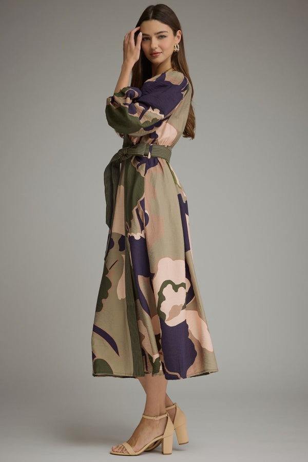 Olive Printed Long Balloon Sleeve Midi Dress