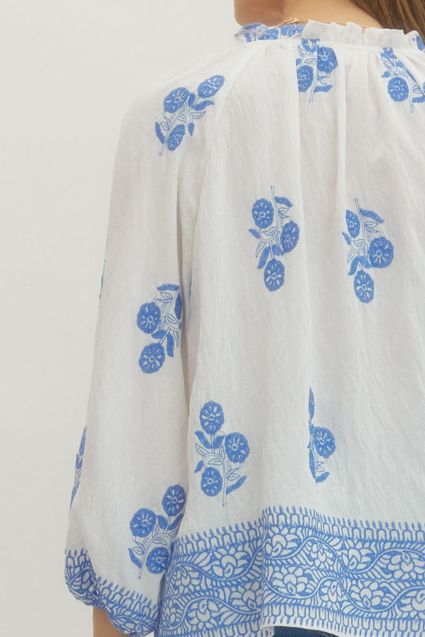 White Floral Print Raglan Puff Sleeve w Tie Detail & Ruffled Neck