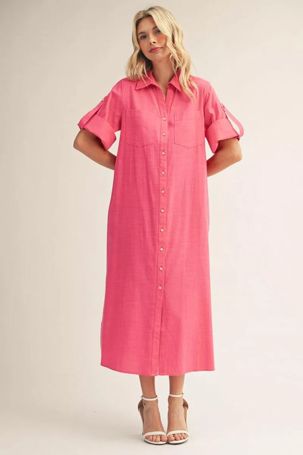 Roll Up Fuchsia Sleeves Button Down Dress