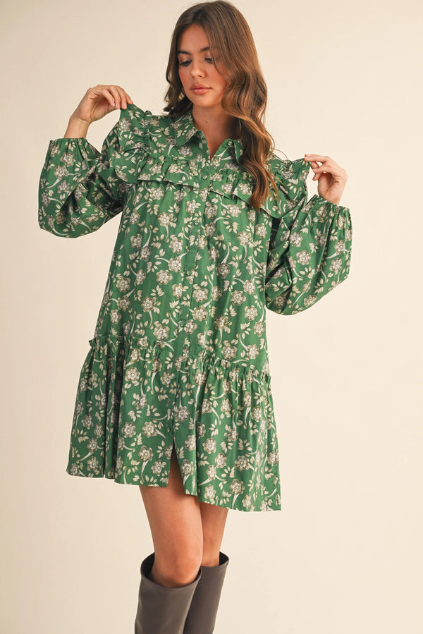 Deep Green Ruffle Trim Button Down Mini Dress