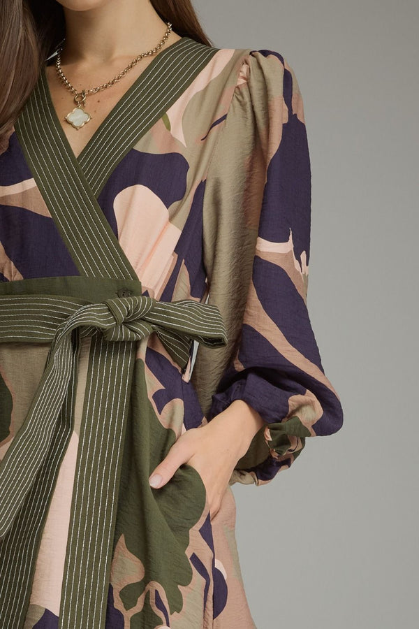 Olive Printed Long Balloon Sleeve Midi Dress