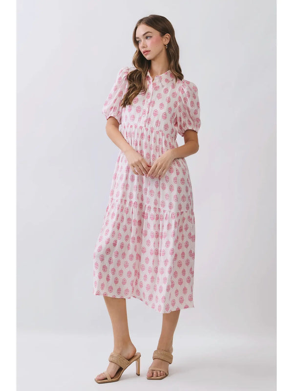 Pink Floral Print Puff Sleeve Tiered Midi Dress
