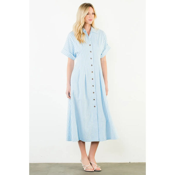 Short Sleeve Striped Button Down Dress LT. Blue