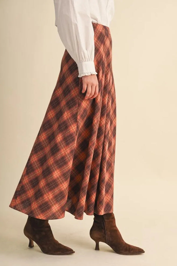 Copper Brown Plaid Maxi Skirt