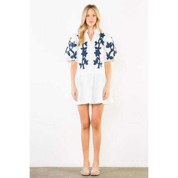 Emb Puff Sleeve Short White Dress