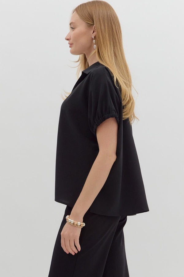 Solid Black Short Sleeve Split Collar