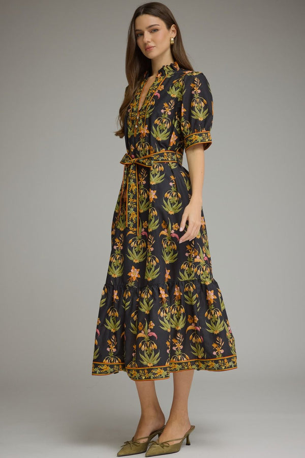 Black Floral Print Short Puff Sleeve Midi Dress
