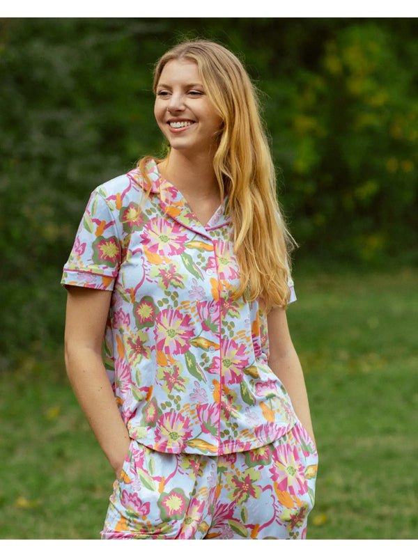 Summer Bouquet Short Sleeve Button Up Sleep Shirt Pink/Blue/Multi