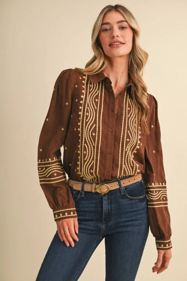 Suede Chocolate Brown Embroidered Top