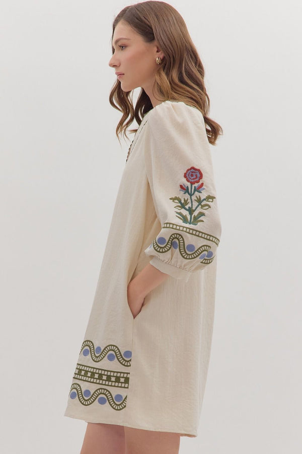 Ecru 3/4 Puff Sleeve Mini Dress Embroidered w Scallop Accent