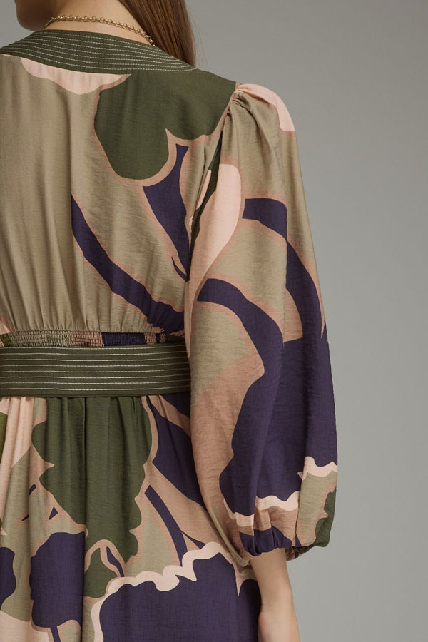 Olive Printed Long Balloon Sleeve Midi Dress