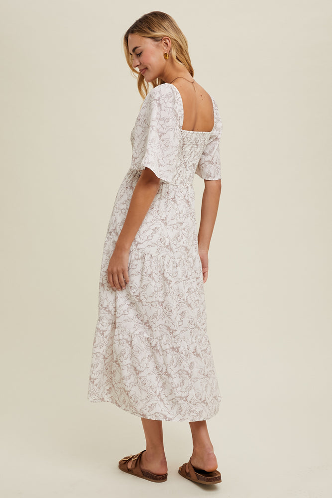 Floral Flutter Sleeve Midi Dress Cream