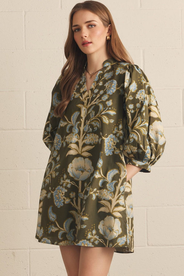 Floral Print Olive 3/4 Puff Sleeve Mini Dress