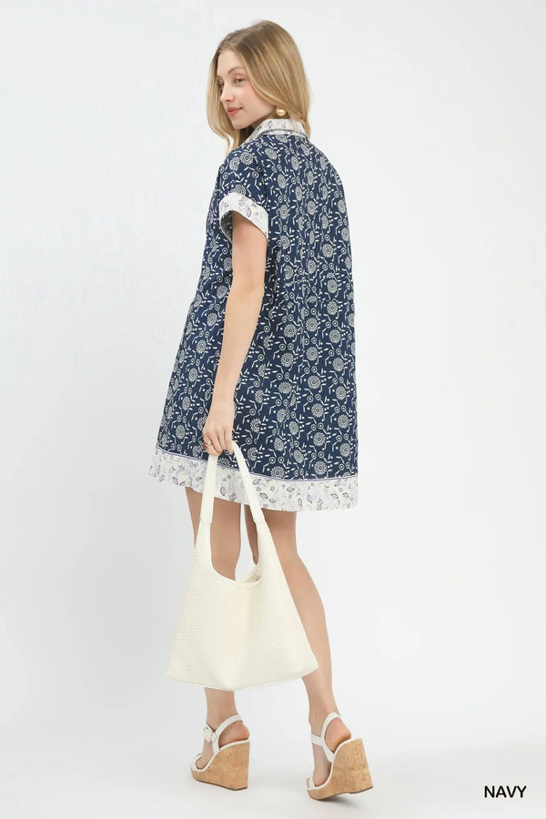 Navy Border Print Belted Shirt Dress
