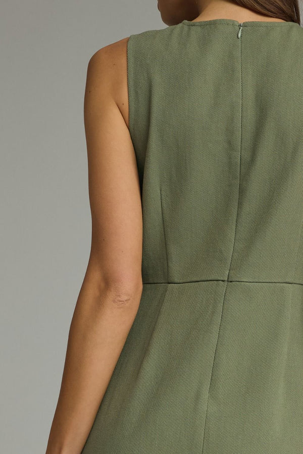 Olive Sleeveless Midi Dress w Horsebit Accent Detail