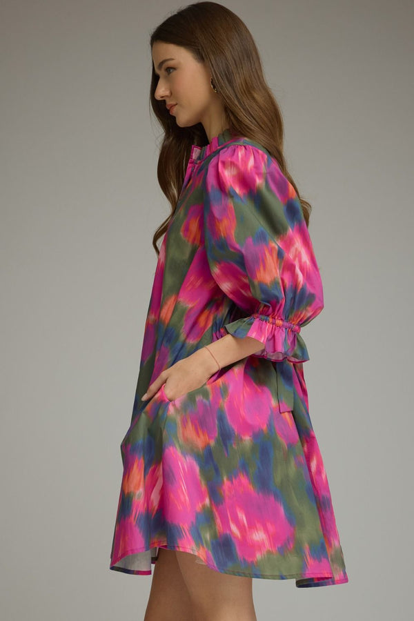 Magenta Printed Puff Sleeve Mini Dress w Ruffled Mock Neck