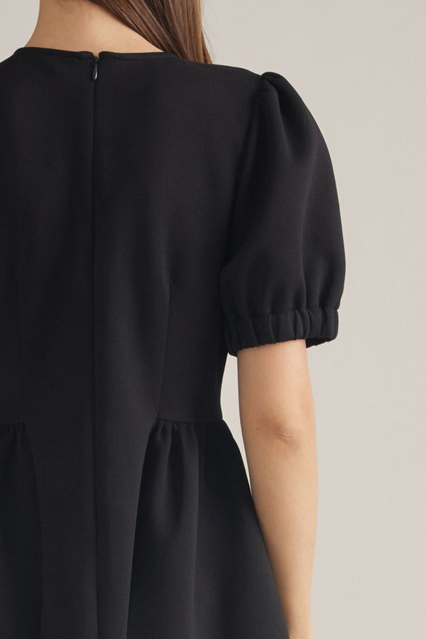Solid Black Puff Sleeve Mini Dress w Round Neck