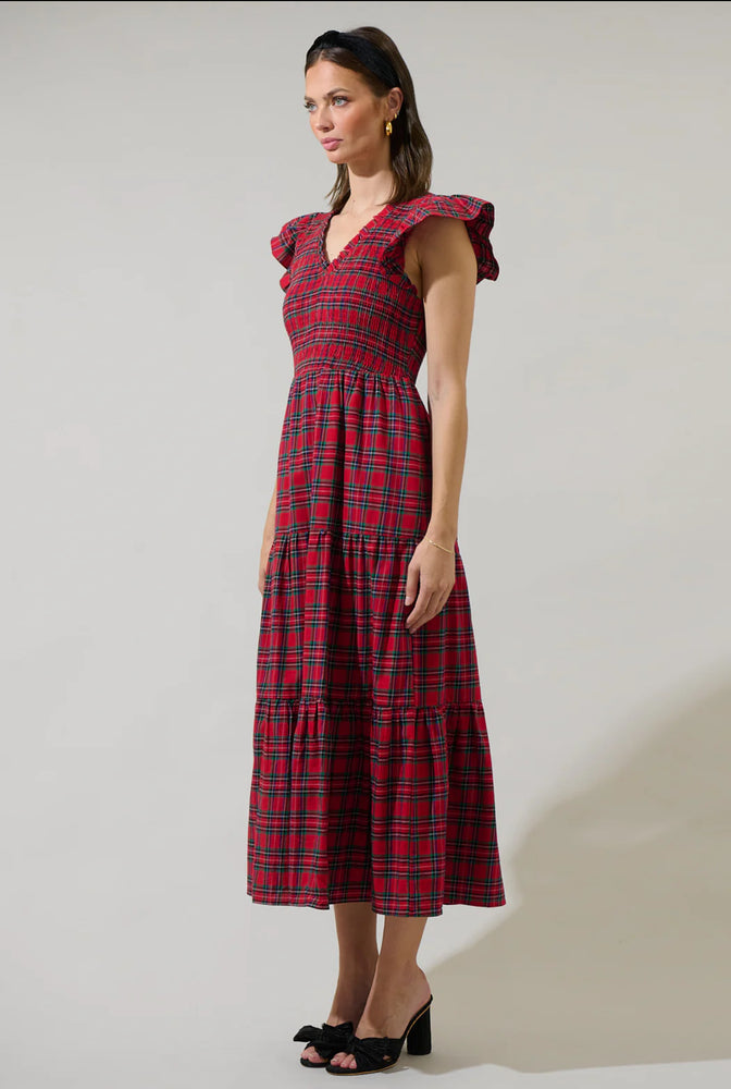 Arvada Plaid Sunfire Smocked Bodice Tiered Midi Dress