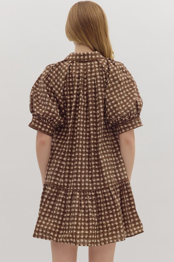 Brown Geometric Print Puff Sleeve Mini Dress