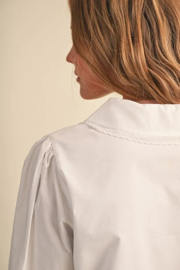 Off White Button Up Top with Scalloped Trim