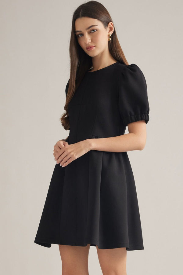 Solid Black Puff Sleeve Mini Dress w Round Neck