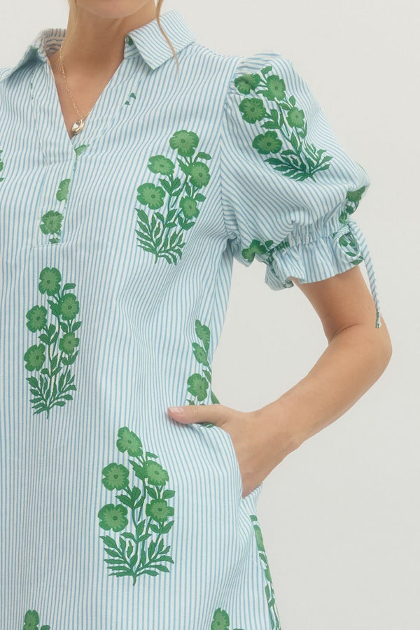 Striped Blue & Green Floral Print Puff Sleeve Mini Dress