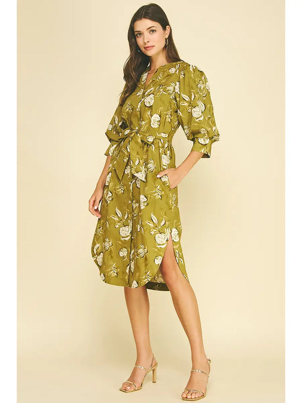 Floral Print Button Down Midi Dress | Golden Olive
