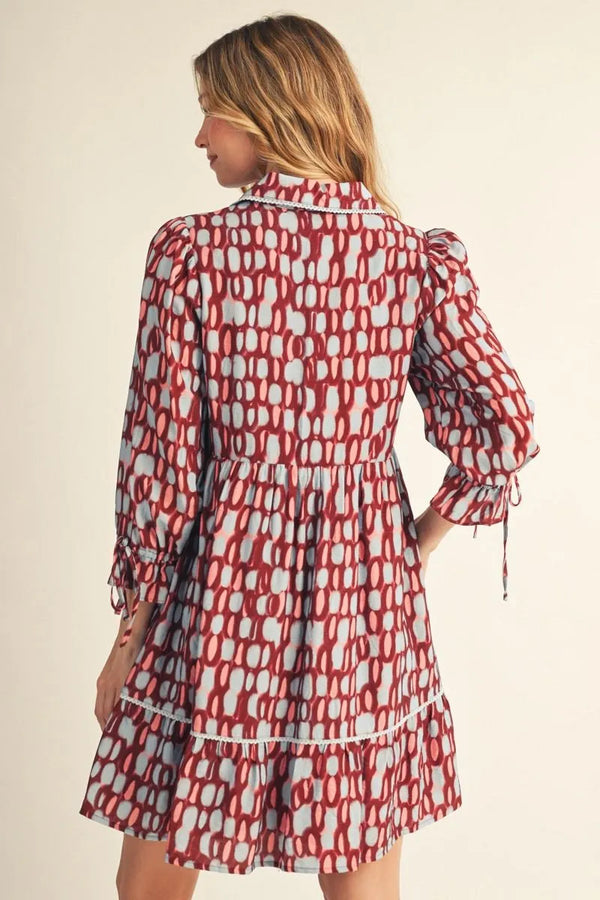 Drawstring Tie Detail Sleeves Burgundy Polka Dot Dress